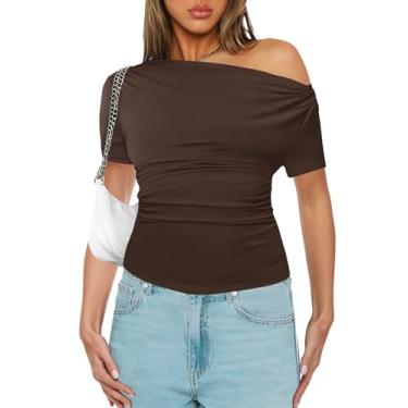 Imagem de Rapbin Camisetas femininas com gola canoa, manga curta, ombros de fora, para mulheres, roupas justas de verão, PP-G, Marrom, G