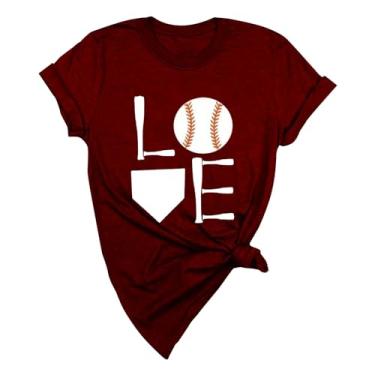 Imagem de Duobla Camiseta feminina de beisebol estampada moderna verão casual tops soltos manga curta camiseta básica bonita 2024 moda, Vinho, M