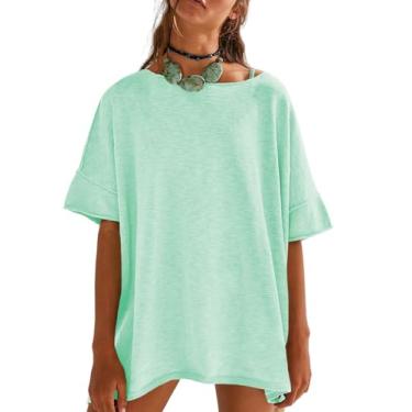 Imagem de Tankaneo Camisetas femininas grandes casuais verão gola redonda solta manga curta fenda lateral blusa blusa tops, Verde claro, P