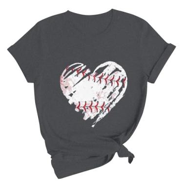 Imagem de Camiseta feminina verão beisebol coração gráfico blusas gola redonda ajuste solto camiseta casual manga curta túnica, Cinza escuro - B, P