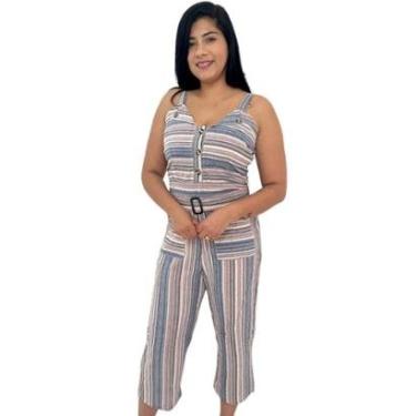 Imagem de Macacão Pantacourt Alfaiataria Femenino Listrado Linho Longo-Feminino