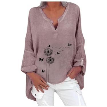 Imagem de Blusa feminina casual de linho, gola Henley, manga comprida, algodão, folgada, estampada, para trabalho, rosa, GG