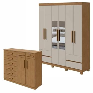 Imagem de Conjunto de Guarda-roupa 6 Portas 4 Gavetas Zeus com Espelho e com Pése Cômoda Toronto Amêndoa Clean/off White