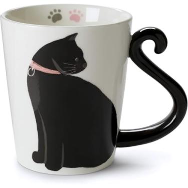 Imagem de VOTUM Caneca de café ou chá de cerâmica de gato preto - Copo em forma de animal com desenhos impressos à mão - Presente bonito feito à mão para homens ou mulheres amantes de gatos - 30 ml