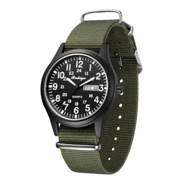 Imagem de BOSHIYA Relógios militares masculinos esportivos à prova d'água para campo tático do exército, relógios militares analógicos luminosos de quartzo com exibição de 12/24 horas, Preto + verde (data dia),