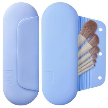 Imagem de AGIKET Suporte de escova de maquiagem de silicone: suporte de pincéis de rosto macio e portátil com fecho magnético antiqueda, estojo grande para maquiagem de viagem - azul