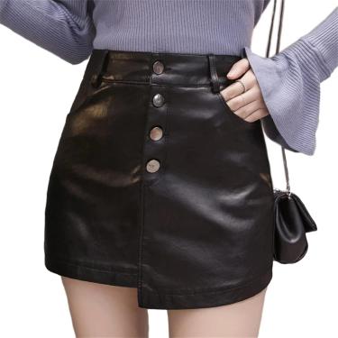 Imagem de Shorts de couro feminino saia de couro pu curto mini feminino outono e inverno cintura alta irregular botão frontal shorts, preto, m