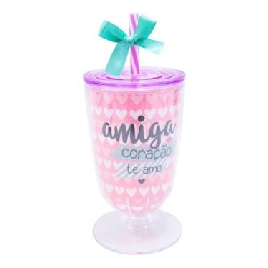 Imagem de Presente Amiga Copo Rosa Taça Com Canudo amizade - 600ml  - Minas de P