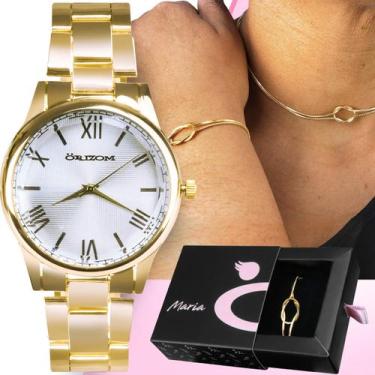 Imagem de Kit relógio feminino aço banhado 18k garantia original - Orizom