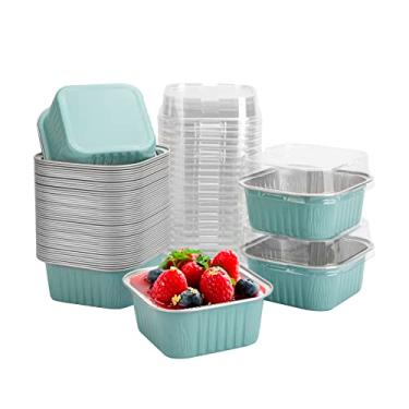 Imagem de Zycozzn Mini formas quadradas para assar com tampas, mini formas de bolo de alumínio de 142 g com tampas, formas de bolo de ramekins descartáveis, copos de sobremesa de 150 ml, recipiente de cupcake para muffin de pão brownie, cheesecake, azul