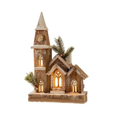 Imagem de Milageto Igreja de madeira iluminada de Natal em miniatura 44x25cm, enfeite decorativo de mesa com cena de neve de Natal para sala de estar versátil