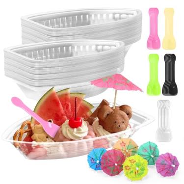 Imagem de CZWESTC 50 barcos descartáveis de banana divididos com colheres de plástico e guarda-chuvas de papel, conjunto de tigelas de sundae de sorvete de plástico transparente para festas, suportes de