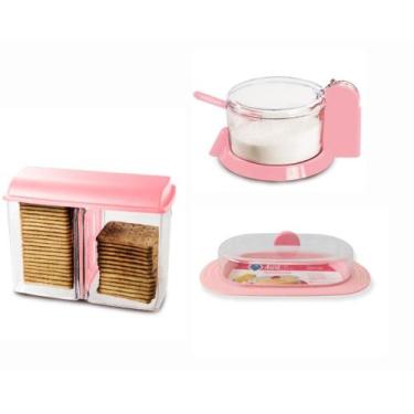 Imagem de Kit Porta Bolacha + Açucareiro + Mantegueira Rosa - Linha Acril 3 Peça