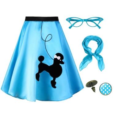 Imagem de Knemksplanet Saias midi poodle femininas dos anos 50, 4 peças, acessórios de fantasia dos anos 50, cachecol e brincos de bolinhas, Lago azul, M