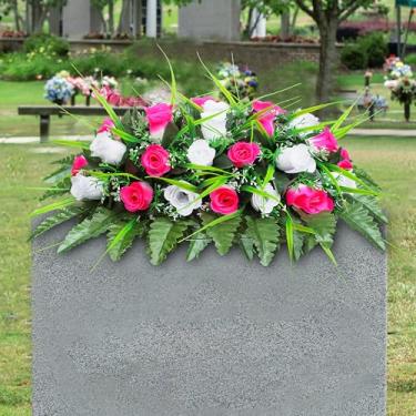 Imagem de LVXINLI Flor de Cemitério Artificial - Decorações de Lápide de Sela de Sela Ao Ar Livre, Flores do Memorial Day de Rosa Rosa e Branca para Túmulo (Rosa e Branco) ...