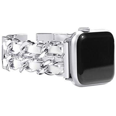 Imagem de NewWays Pulseira feminina compatível com Apple Watch séries 8, 7, 45 mm, 44 mm, SE, séries 6, 5, 4, 3 de 42 mm, pulseira de joias para iWatch feminina, elos prateados com couro branco