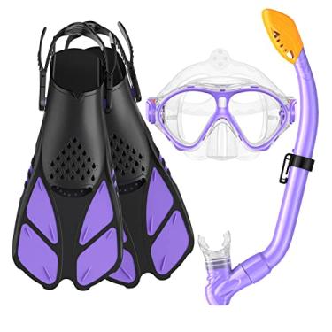 Imagem de Seovediary Conjunto de snorkel infantil, equipamento de mergulho com barbatana de máscara para crianças, óculos de natação anti-nevoeiro, 180 pontos panorâmicos, conjunto de snorkel e nadadeiras de