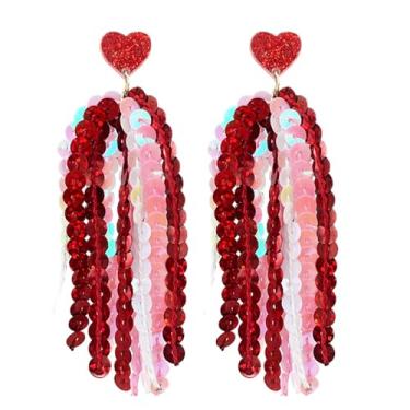 Imagem de Brincos pendentes de lantejoulas brilhantes para o Dia dos Namorados para mulheres rosa choque glitter redondo lascas borlas brincos gota dia dos namorados presente de casal, Zinco, Sem pedra preciosa