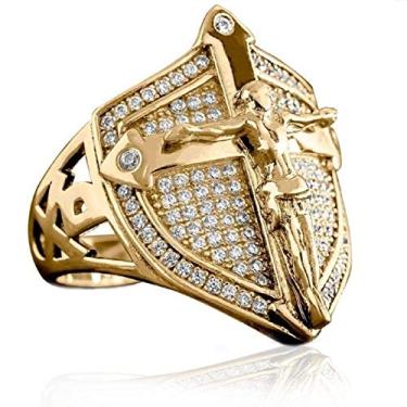 Imagem de PikaLF Anel de cruz de Jesus cristão para homens, anel de crucifixo, anel de escudo medieval, anéis de espada cruzada, anel de amuleto religioso, anel católico cristão joia para homens e meninos, presentes exclusivos para homens