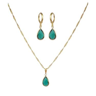 Imagem de Conjunto Colar e Brinco Gota Pedra Cristal Verde Oliva Folheado Ouro 18k Antialérgico