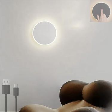 Imagem de Luminária de parede LED com interruptor de toque USB recarregável, luz de parede operada por bateria, luz de leitura redonda, metal, moderna, sem fio, arandela para quarto, sala de estar, va