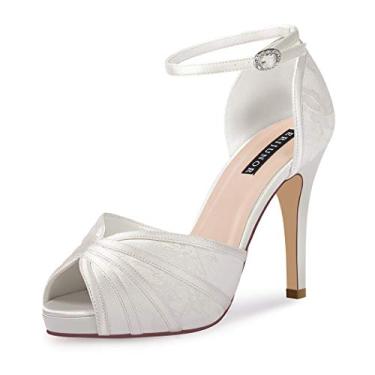 Imagem de ERIJUNOR Sandálias femininas de salto alto de renda de cetim com tira no tornozelo para festas noturnas e casamentos, Marfim, 36