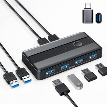Imagem de Seletor de Switch USB 3.0 Interruptor 2 em 4 saídas, 2 computadores compartilham 4 portas USB KVM Switcher Hub para PC, mouse, teclado, impressora, scanner compatível com Windows, macOS