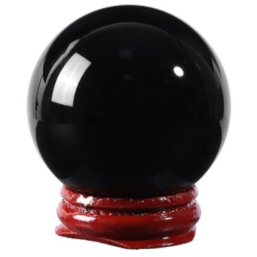 Imagem de SUNYIK Esfera de obsidiana preta natural com suporte de madeira polida para decoração de estatueta de esfera de pedra para mesa, escritório em casa, 1,7-1,9" (45-50 mm)