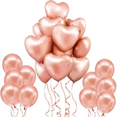 Imagem de Balões de ouro rosa com balões de coração - Pacote com 20 | Balão de coração em ouro rosa para decoração de Dia dos Namorados | Balão de ouro rosa metálico para decorações de festa em ouro rosa, decorações de aniversário em ouro rosa