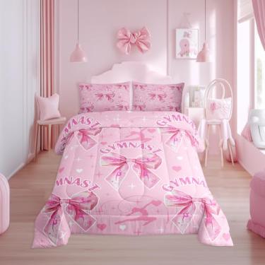 Imagem de Conjunto de edredom com laço rosa, tamanho casal, ginástica, artística, para meninas, estilo princesa sonhadora, todas as estações, conjunto de edredom com estampa de coração e estrela, 3 peças