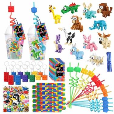 Imagem de SOSAZOZA Building Block Birthday Party Favors, 115 Pcs Building Blocks Party Favors, Including Animal Building Blocks, Cups,Keychain, Straw, Stickers, Slap Bracelets
