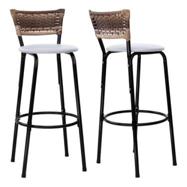 Imagem de Kit 02 Banqueta Altas Junco Cappuccino Estrutura Preta Assento Branco 70cm Para Balcão Cozinha, Bar, Bistrô, Americano - Itagold