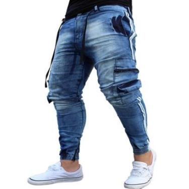 Imagem de Calça Jogger Masculina JEANS AZUL Cargo Linha Lateral-Masculino