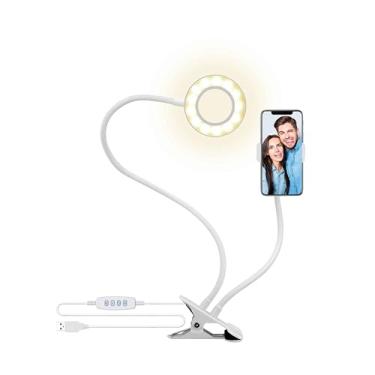 Imagem de Bower Anel de luz LED flexível de 61 cm com braços duplos, alimentado por USB, suporte para smartphone e braçadeira de mesa, 3 modos de cor, 36 LEDs para ângulos ajustáveis, perfeito para vídeo,