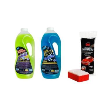 Imagem de Kit Limpeza Automotivo - Shampoo 2l + Pretinho 2l + Esponja 3M - Natha