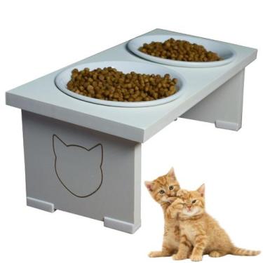 Imagem de Comedouro Bebedouro Duo Gato Elevado Pet MDF Tigela Porcelana - Madera