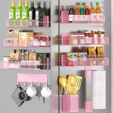 Imagem de Suporte magnético para temperos para geladeira, pacote com 10 prateleiras magnéticas, organizador de temperos móvel com gancho, suporte de toalha de papel, suporte de utensílios de cozinha,