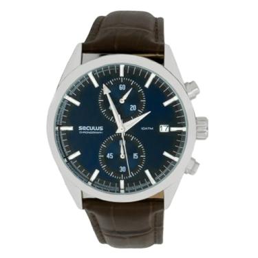 Imagem de Relogio Masculino Seculus Analogico Aço Inoxidavel Prata Mostrador Azul Pulseira de Couro Resistente a Agua 1 Ano de Garantia 77307G0SVNC1