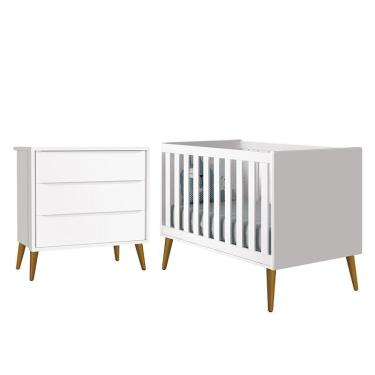 Imagem de Jogo de Quarto Infantil Theo Retrô Cômoda 3 Gavetas e Berço com Pés Amadeirado - Reller Móveis Branco Fosco