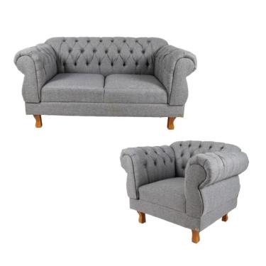 Imagem de Uma Namoradeira de 2 Lugares Elisabeth Capitonê + Uma Poltrona Eisabeth - Linho Cinza Chesterfield / Para Sala Recepção