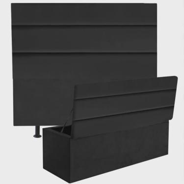 Imagem de Kit Cabeceira Estofada e Calçadeira Baú Recamier Argent 195cm King Size Corino Preto - Ahz Móveis