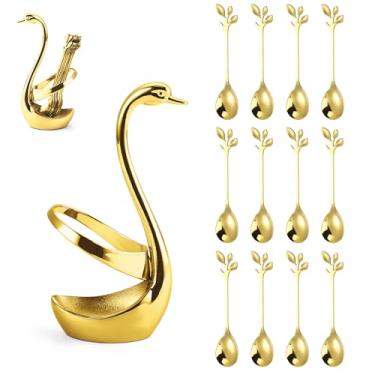 Imagem de Conjunto de louça criativo dourado de aço inoxidável OIULO – Suporte decorativo de base de cisne com 12 colheres de folhas para café, frutas, sobremesa, mexer, misturar, açúcar, mexer, sorvete, bolo