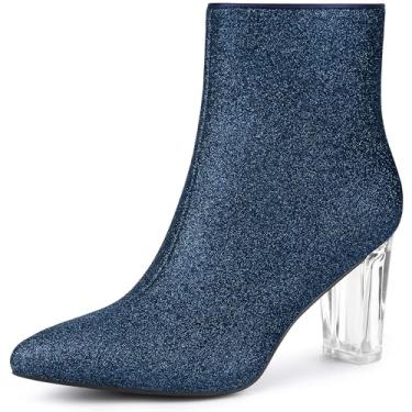Imagem de Allegra K Botas femininas de cano curto com glitter e salto bloco transparente, Azul marinho, 35