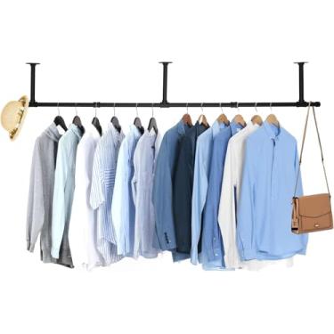 Imagem de Oroonoko Rack de roupas de cano industrial, suporte de ferro resistente de 152 cm montado no teto, barra de roupas rústica para economizar espaço, haste de pendurar multiuso para quarto, armário
