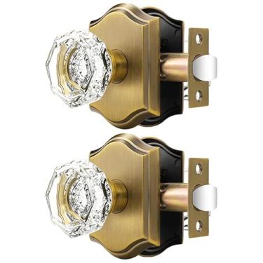 Imagem de Orger Puxadores de porta de passagem para corredor e armário, maçanetas de vidro com trava que não trava, maçanetas octogonais de cristal transparente, pacote com 2, roseta vintage de bronze antigo com cristal resistente