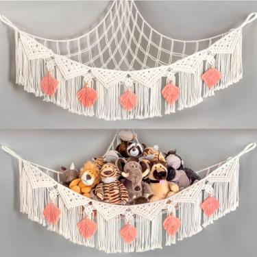 Imagem de Kordory Rede para animais de pelúcia ou rede de macramê grande para armazenamento de brinquedos com borlas boho, organizador de brinquedos feito à mão para decoração de parede de quarto de crianças