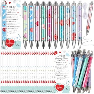 Imagem de Tinlade 60 peças de presentes de dia da enfermeira a granel incluem 30 canetas esferográficas, tinta preta, retrátil, 30 cartões de troca de agradecimento para festa médica, presente de hospital