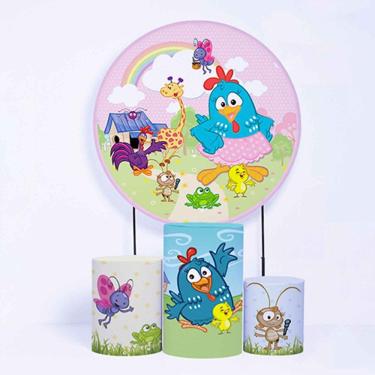 Imagem de Kit Painel de Festa Redondo de 1,80m e Trio de Cilindros Galinha Pintadinha - Fera Print