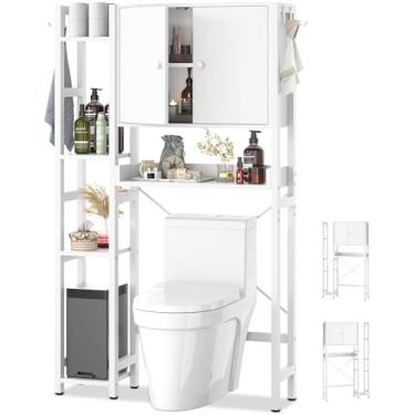 Imagem de Armário de armazenamento sobre o vaso sanitário com portas – Organizador de banheiro de 7 camadas com prateleira ajustável, rack independente para economia de espaço acima do suporte de vaso sanitário