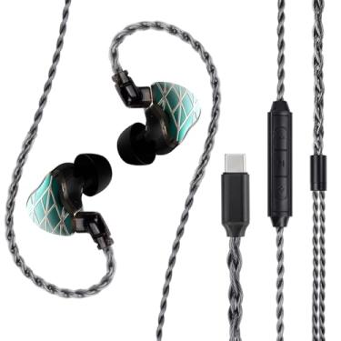 Imagem de FAAEAL Monitor intra-auricular, conector tipo C, fones de ouvido com fio HiFi, fones de ouvido para jogos, fones de ouvido híbridos IEM com placa frontal de metalurgia do pó, cabo QDC embutido de 2